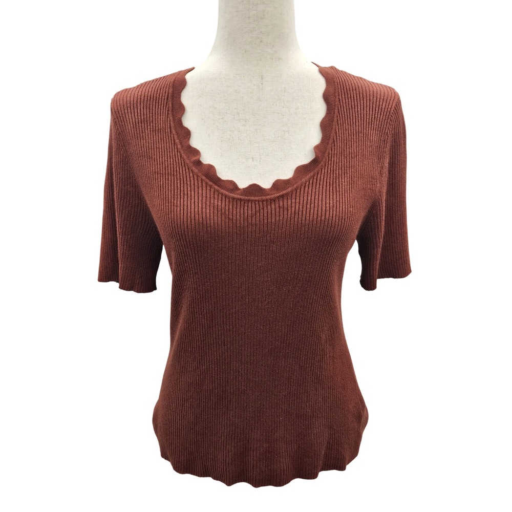 Marled Womens Rust Brown Ribbed Knit Scalloped Scoopneck Short Sleeve Top Size M